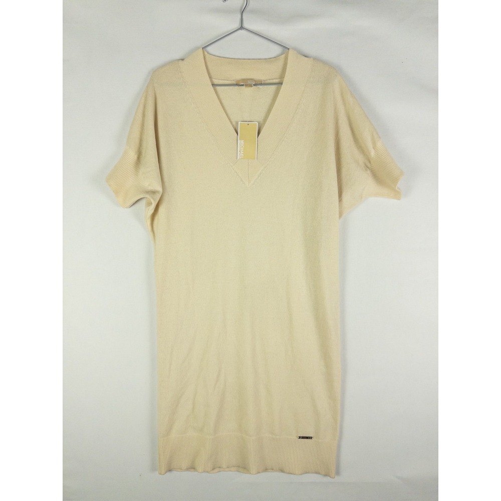 Michael Kors 100% Cashmere V-Neck Sweater Dress Womens M Cream NWT Quiet Luxury